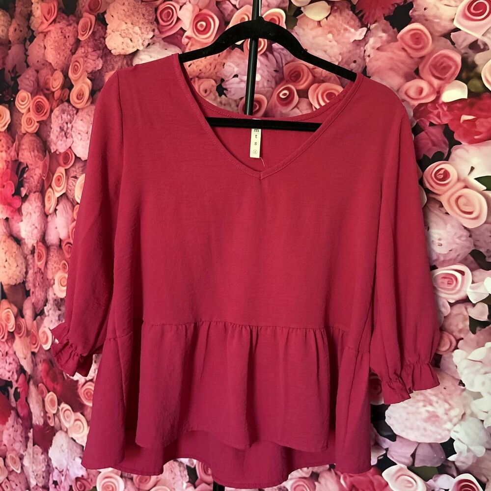 MTS Women’s Small Hot Pink Peplum Blouse V-Neck Ruffle Sleeve Flowy Top Boho